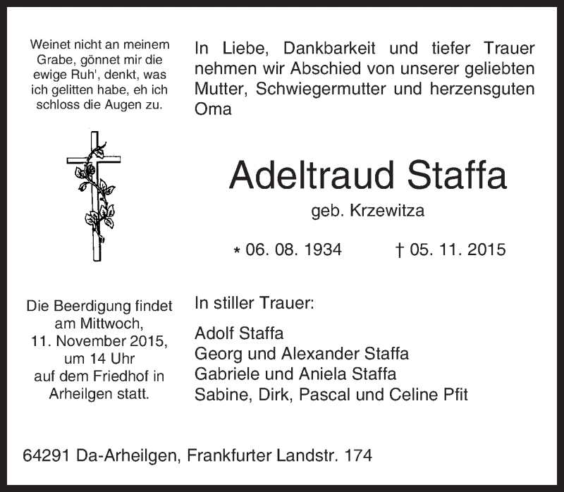  Traueranzeige für Adeltraud Staffa vom 09.11.2015 aus trauer.echo-online.de