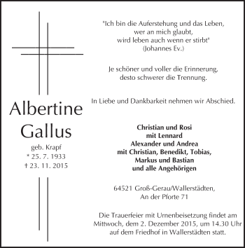 Traueranzeige von Albertine Gallus von trauer.echo-online.de