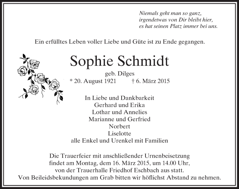  Traueranzeige für Sophie Schmidt vom 11.03.2015 aus  Usinger Anzeiger