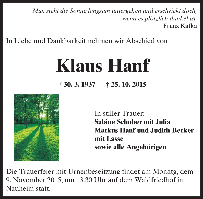  Traueranzeige für Klaus Hanf vom 07.11.2015 aus trauer.echo-online.de