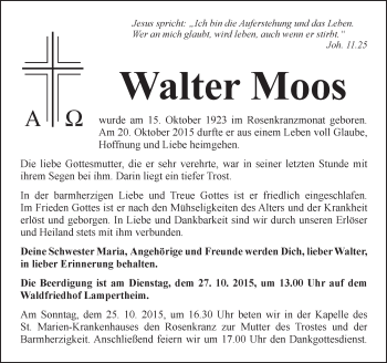 Traueranzeige von Walter Moos von  Bürstädter Zeitung