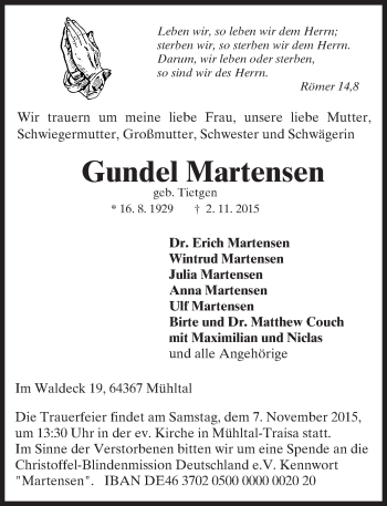 Traueranzeige von Gundel Martensen von trauer.echo-online.de