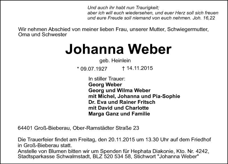  Traueranzeige für Johanna Weber vom 18.11.2015 aus trauer.echo-online.de