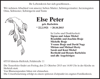 Traueranzeige von Else Peter von  Idsteiner Zeitung