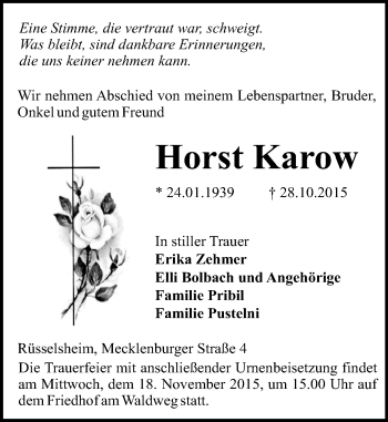 Traueranzeige von Horst Karow von trauer.echo-online.de