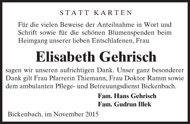  Traueranzeige für Elisabeth Gehrisch vom 21.11.2015 aus trauer.echo-online.de