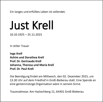 Traueranzeige von Just Krell von trauer.echo-online.de