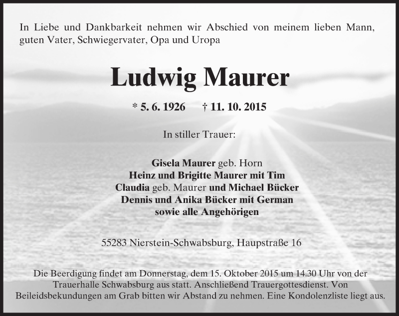  Traueranzeige für Ludwig Maurer vom 13.10.2015 aus  Landskrone