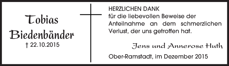  Traueranzeige für Tobias Biedenbänder vom 05.12.2015 aus trauer.echo-online.de