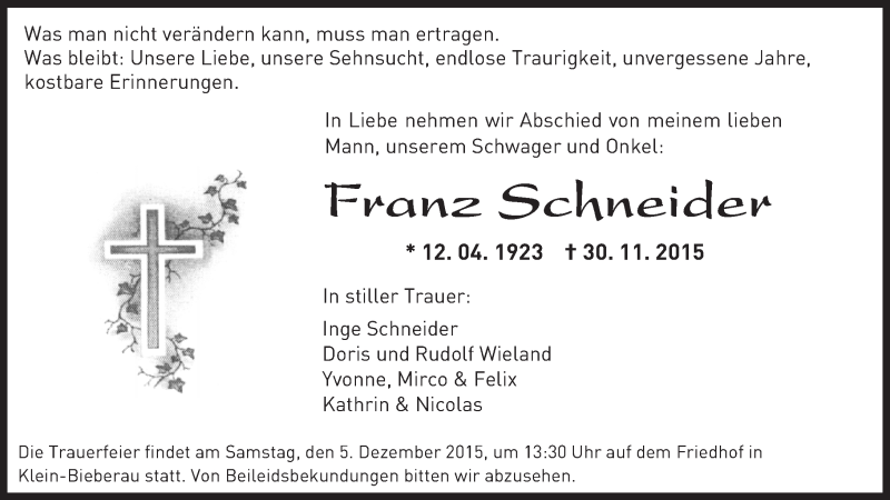  Traueranzeige für Franz Schneider vom 03.12.2015 aus trauer.echo-online.de