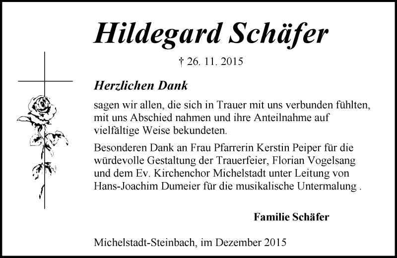  Traueranzeige für Hildegard Schäfer vom 23.12.2015 aus trauer.echo-online.de