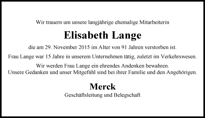  Traueranzeige für Elisabeth Lange vom 18.12.2015 aus trauer.echo-online.de