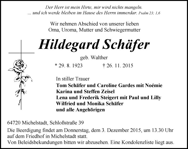  Traueranzeige für Hildegard Schäfer vom 01.12.2015 aus trauer.echo-online.de