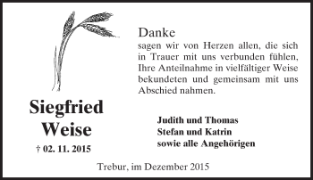Traueranzeige von Siegfried Weise von trauer.echo-online.de