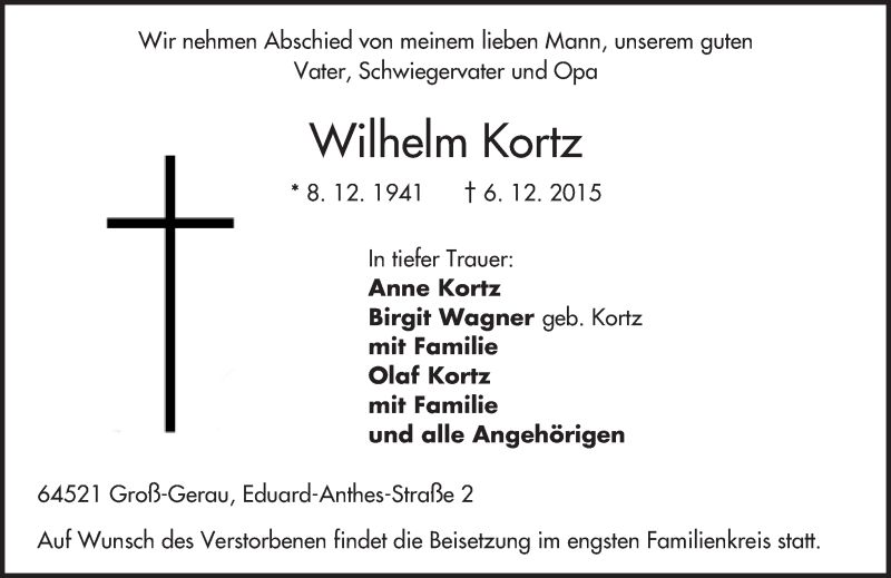  Traueranzeige für Wilhelm Kortz vom 11.12.2015 aus trauer.echo-online.de