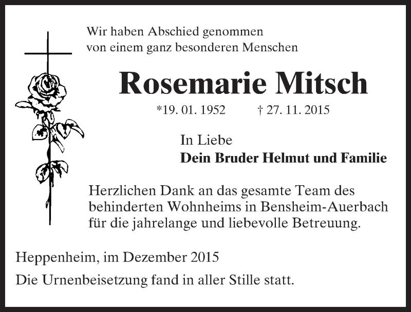  Traueranzeige für Rosemarie Mitsch vom 15.12.2015 aus trauer.echo-online.de