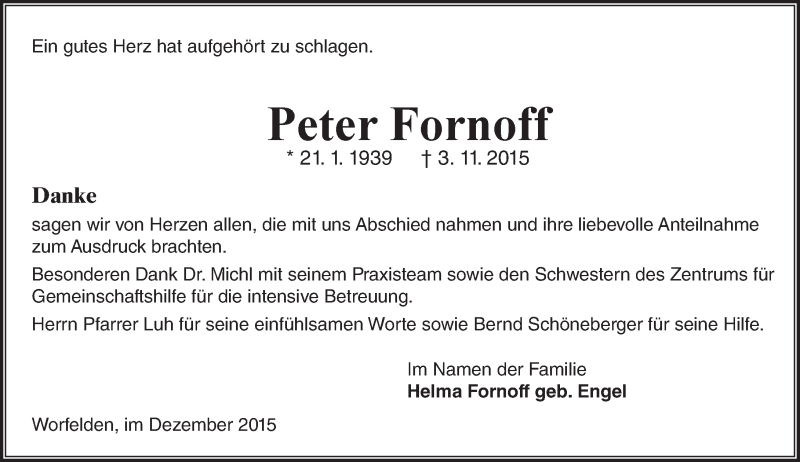  Traueranzeige für Peter Fornoff vom 08.12.2015 aus trauer.echo-online.de