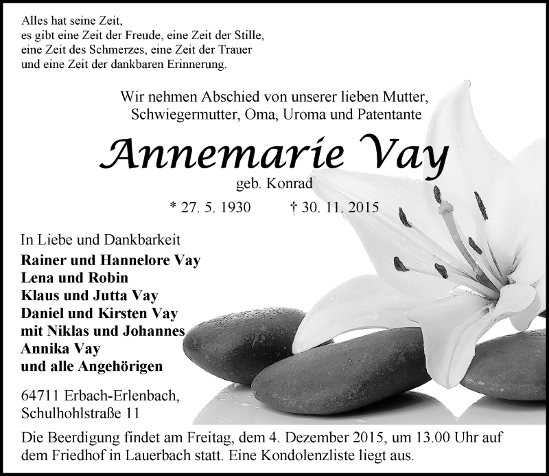  Traueranzeige für Annemarie Vay vom 02.12.2015 aus trauer.echo-online.de