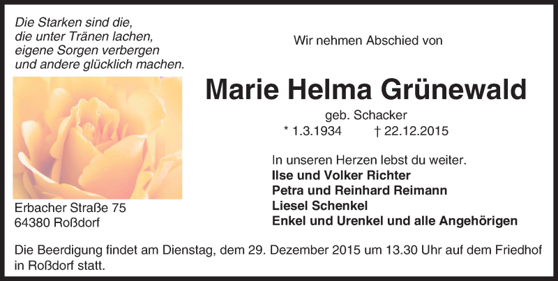  Traueranzeige für Marie Helma Grünewald vom 28.12.2015 aus trauer.echo-online.de