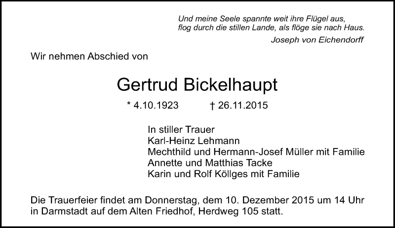  Traueranzeige für Gertrud Bickelhaupt vom 05.12.2015 aus trauer.echo-online.de