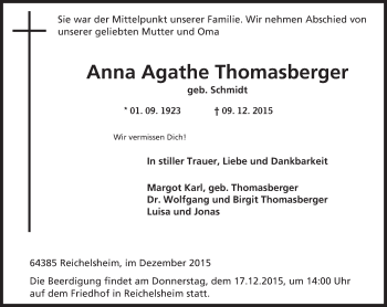 Traueranzeige von Anna Agathe Thomasberger von trauer.echo-online.de