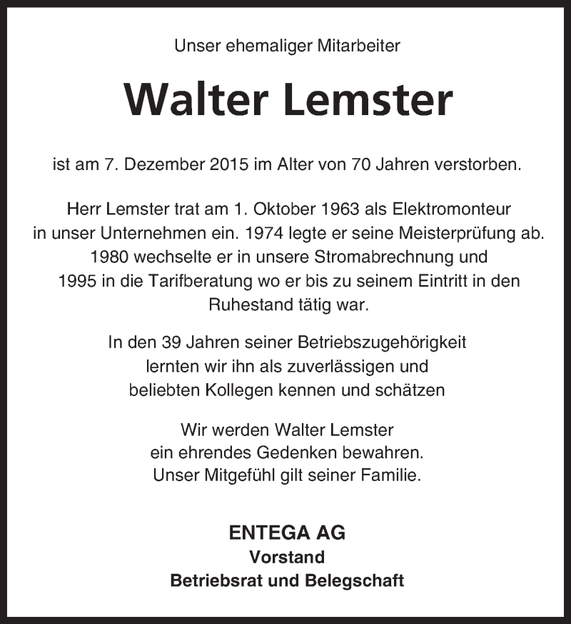  Traueranzeige für Walter Lemster vom 23.12.2015 aus trauer.echo-online.de