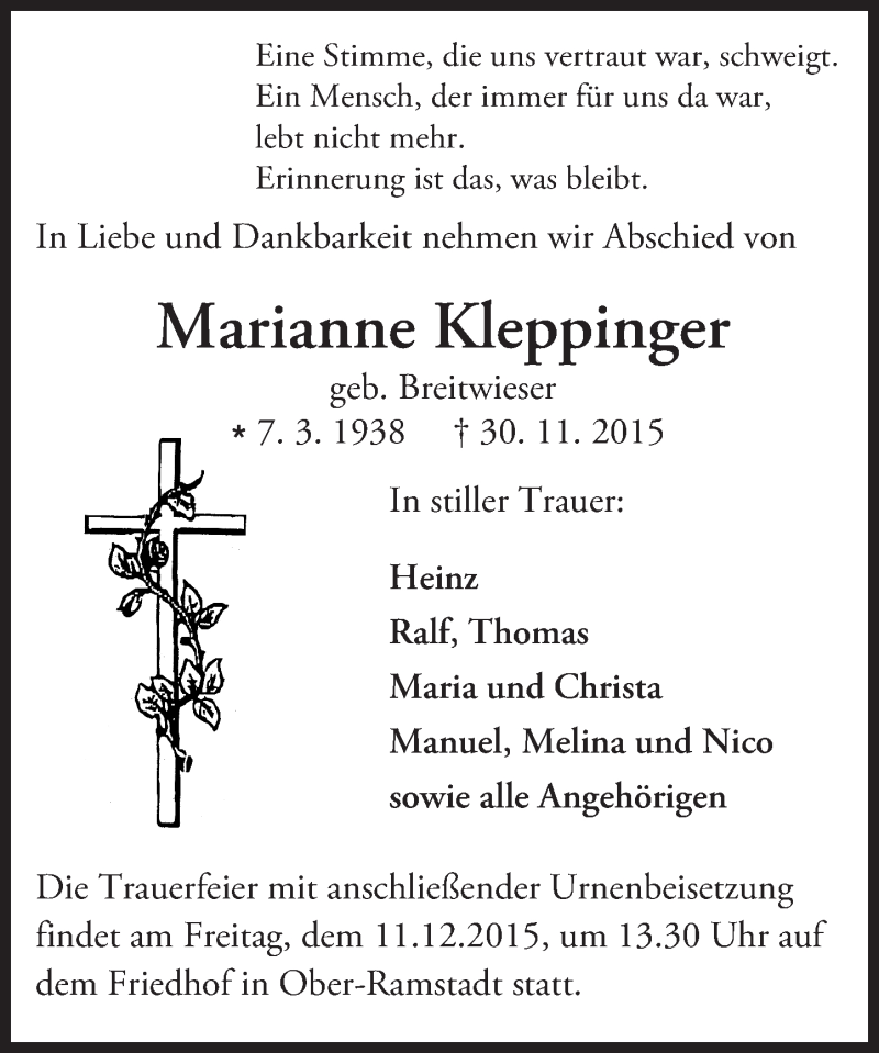  Traueranzeige für Marianne Kleppinger vom 05.12.2015 aus trauer.echo-online.de