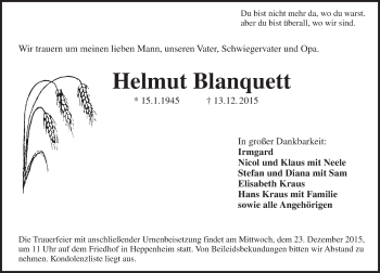 Traueranzeige von Helmut Blanquett von trauer.echo-online.de
