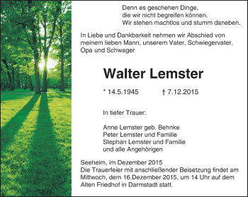 Traueranzeige von Walter Lemster von trauer.echo-online.de