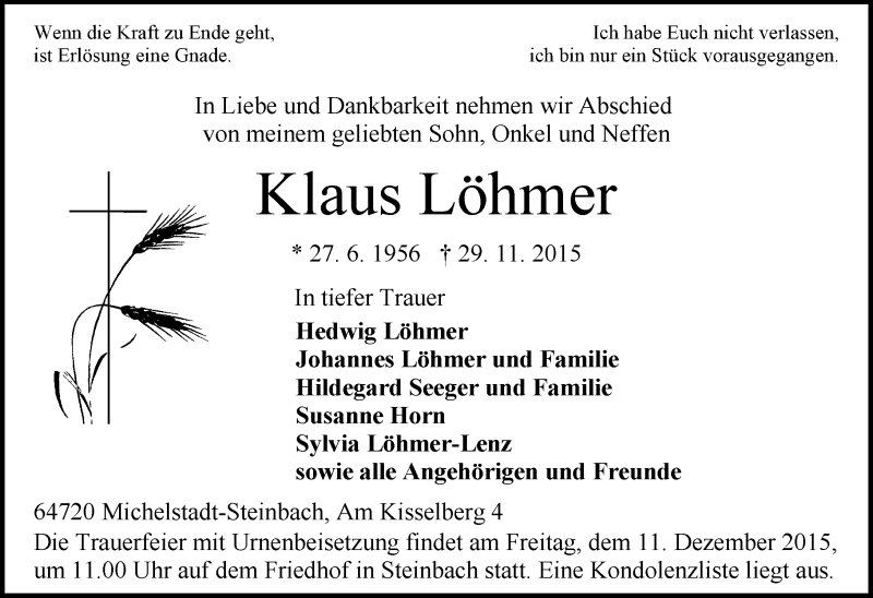  Traueranzeige für Klaus Löhmer vom 05.12.2015 aus trauer.echo-online.de