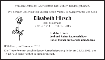 Traueranzeige von Elisabeth Hirsch von trauer.echo-online.de
