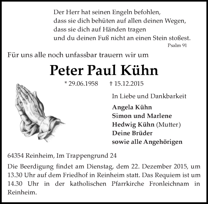  Traueranzeige für Peter Paul Kühn vom 19.12.2015 aus trauer.echo-online.de