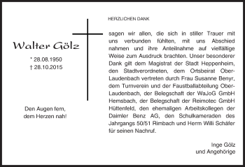 Traueranzeige von Walter Gölz von trauer.echo-online.de