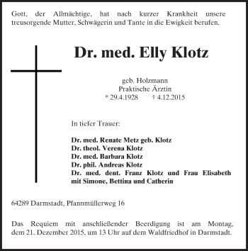 Traueranzeige von Elly Klotz von trauer.echo-online.de