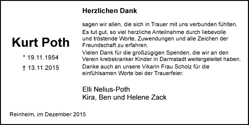  Traueranzeige für Kurt Poth vom 12.12.2015 aus trauer.echo-online.de