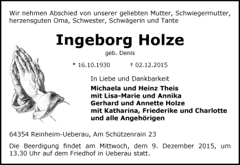 Traueranzeige von Ingeborg Holze von trauer.echo-online.de