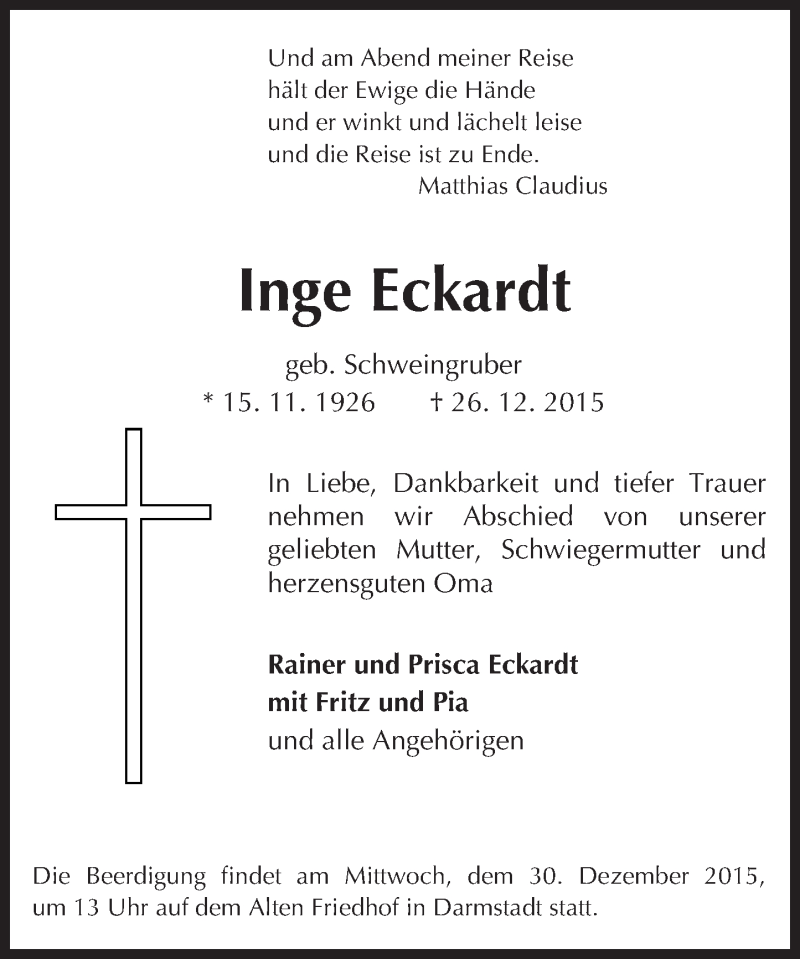  Traueranzeige für Inge Eckardt vom 29.12.2015 aus trauer.echo-online.de