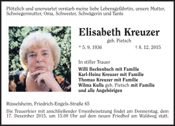 Traueranzeige von Elisabeth Kreuzer von trauer.echo-online.de