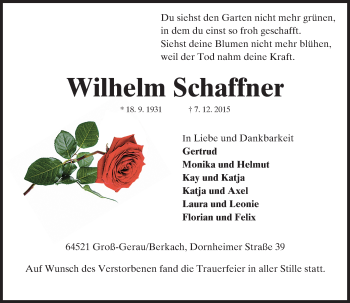 Traueranzeige von Wilhelm Schaffner von trauer.echo-online.de