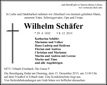 Traueranzeige von Wilhelm Schäfer von trauer.echo-online.de