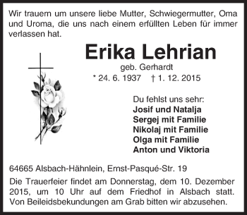 Traueranzeige von Erika Lehrian von trauer.echo-online.de