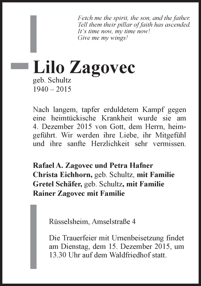  Traueranzeige für Lilo Zagovec vom 12.12.2015 aus trauer.echo-online.de