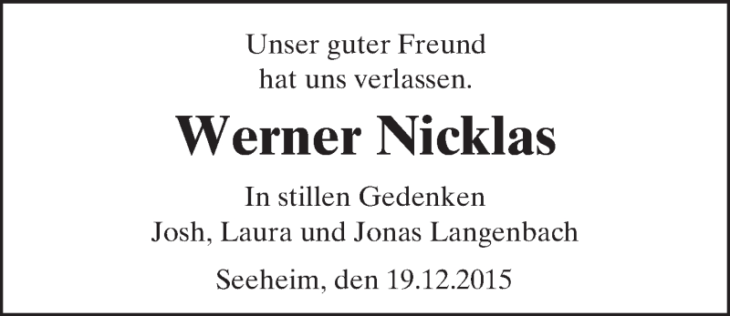  Traueranzeige für Werner Nicklas vom 19.12.2015 aus trauer.echo-online.de