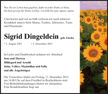 Traueranzeige von Sigrid Dingeldein von trauer.echo-online.de