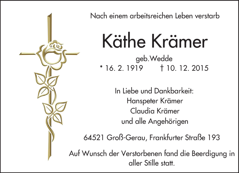  Traueranzeige für Käthe Krämer vom 16.12.2015 aus trauer.echo-online.de