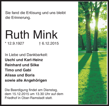 Traueranzeige von Ruth Mink von trauer.echo-online.de
