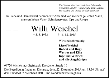 Traueranzeige von Willi Weichel von trauer.echo-online.de