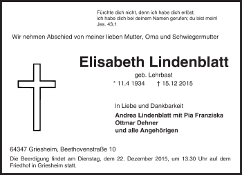 Traueranzeige von Elisabeth Lindenblatt von trauer.echo-online.de