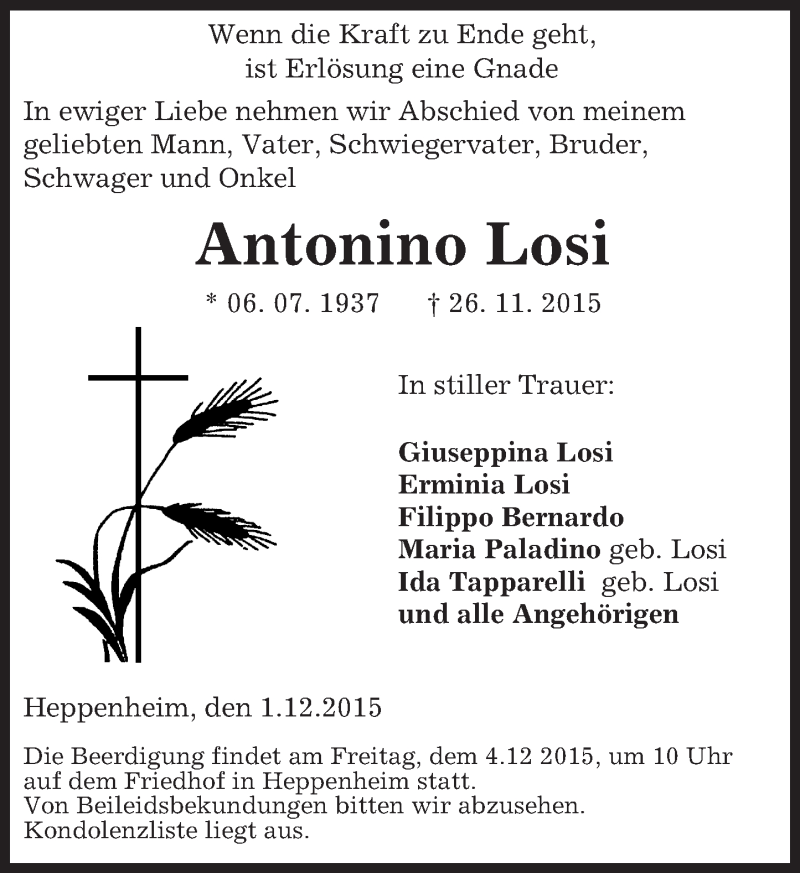  Traueranzeige für Antonino Losi vom 01.12.2015 aus trauer.echo-online.de