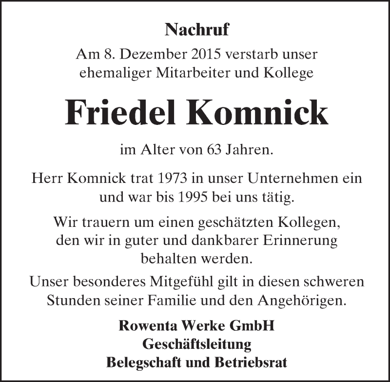  Traueranzeige für Friedel Komnick vom 17.12.2015 aus trauer.echo-online.de
